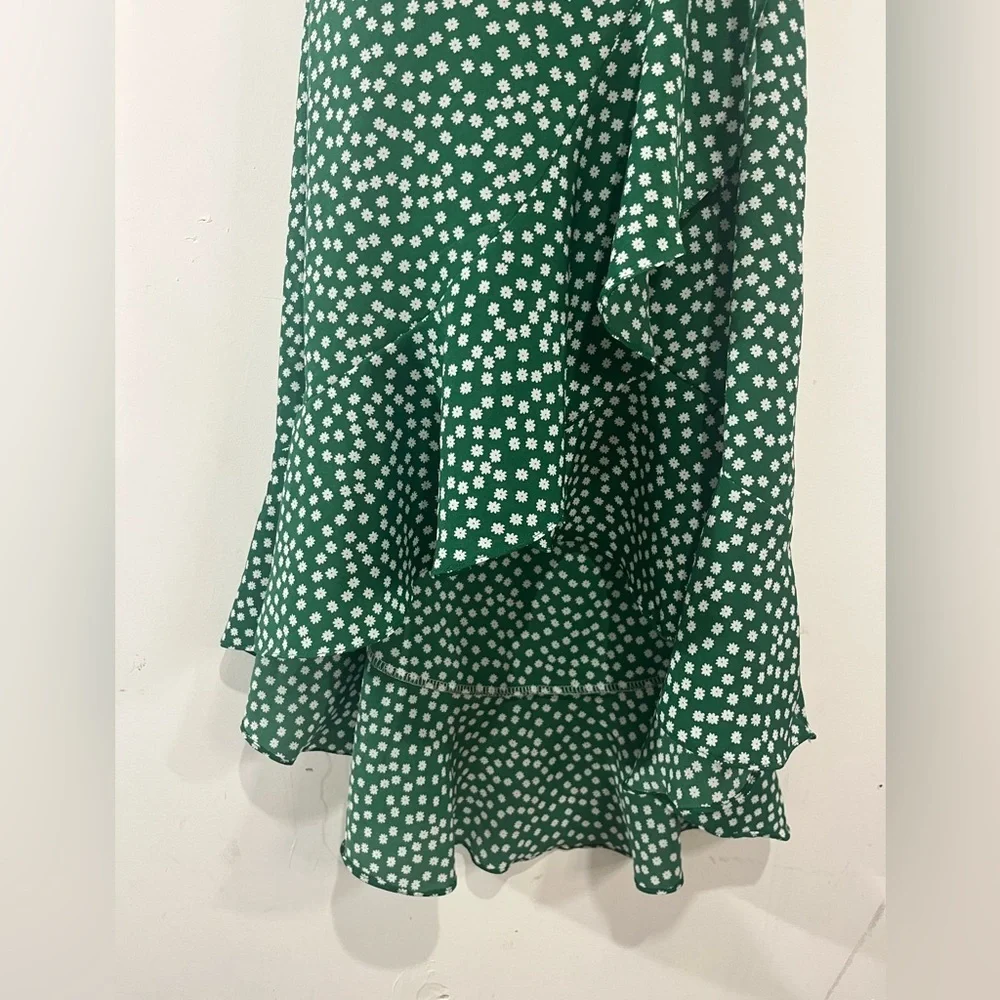 Fleur Wood Green Floral Ruffled Hi Low Wrap Midi Maxi Dress Size Small